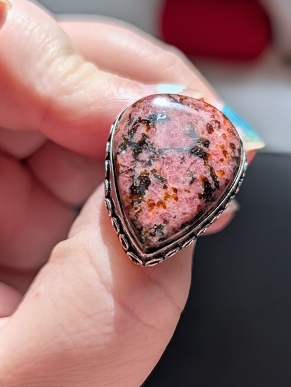 Vintage Handmade Teardrop Pink Rhodonite Accent Ring in Silver Setting Size 8.25